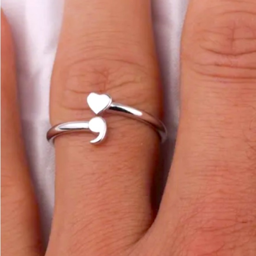 925 Shimmering Sterling Silver Adjustable Semicolon Ring; Your Story Isn't Over - Picture 7 of 13